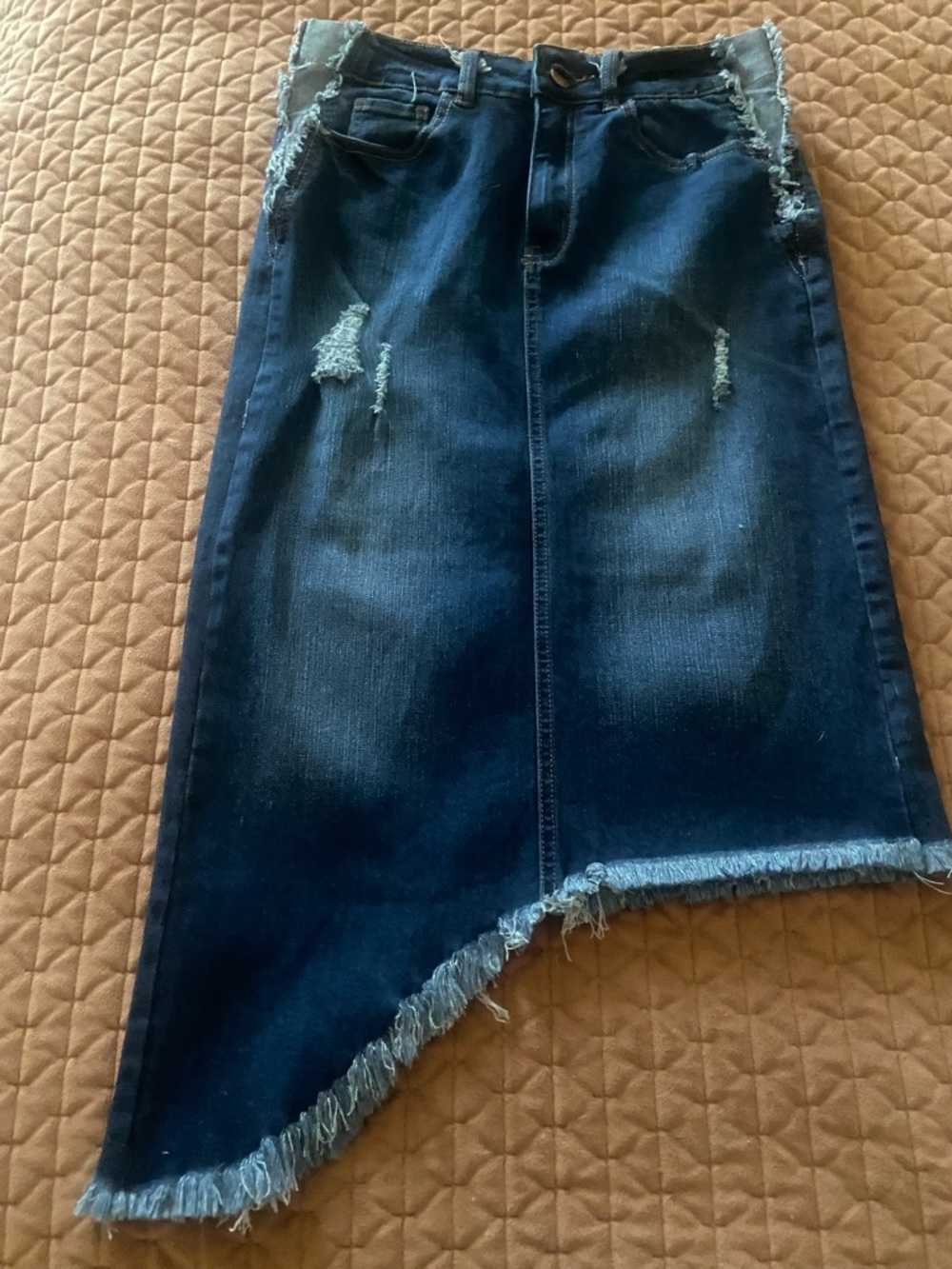 Dark Wash Asymmetrical Distressed Denim Skirt - Blue